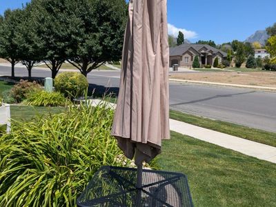 Outdoor Patio Umbrella & Metal Table Set - Tan Umbrella, Black Metal Table