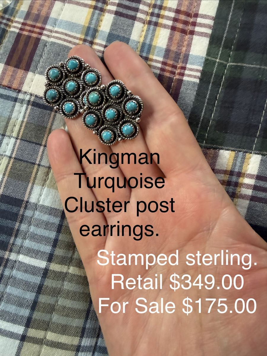 Kingman Turquoise Cluster Post Earrings Stamped Sterling Silver
