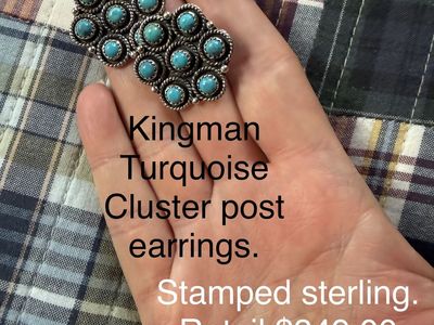 Kingman Turquoise Cluster Post Earrings Stamped Sterling Silver