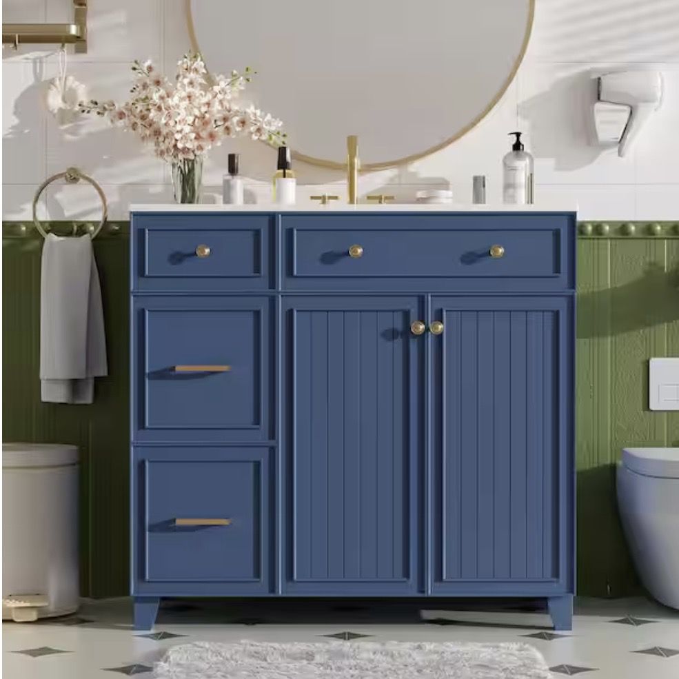 Polibi 36 in. W Single Sink Bath Vanity in Navy Blue with White Ceramic Top, 2-Drawers and 1-Adjustable Storage Shelf