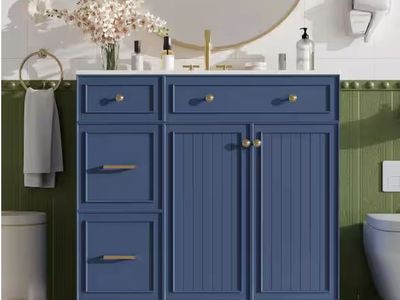 Polibi 36 in. W Single Sink Bath Vanity in Navy Blue with White Ceramic Top, 2-Drawers and 1-Adjustable Storage Shelf