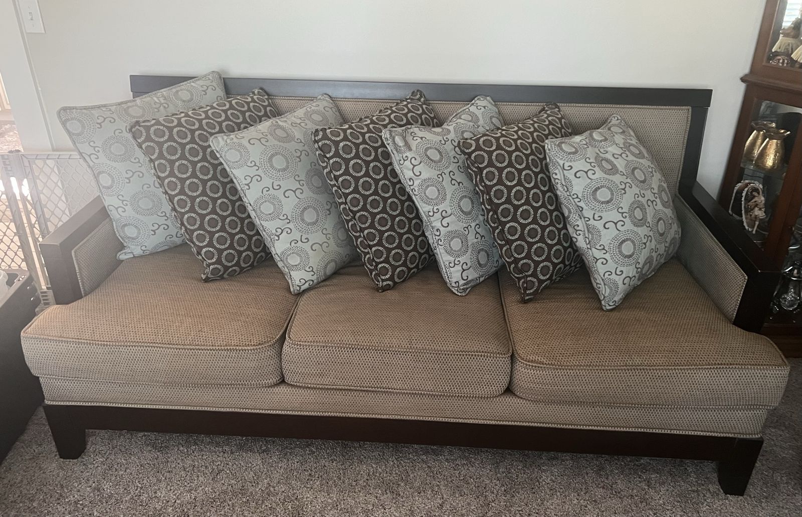 Elegant 3-Seat Sofa with Dark Wood Frame & Matching Accent Pillows - Neutral Fabric