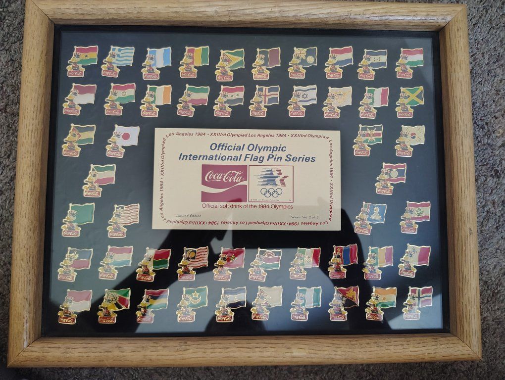 Coca-Cola 1984 Los Angeles Olympics International Flag Pin Series Set 2 of 3 Framed Collection
