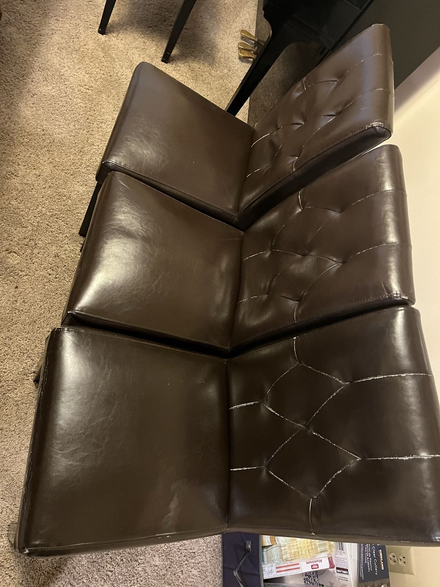 6 Brown Faux Leather Dining Chairs - Button Tufted Backs