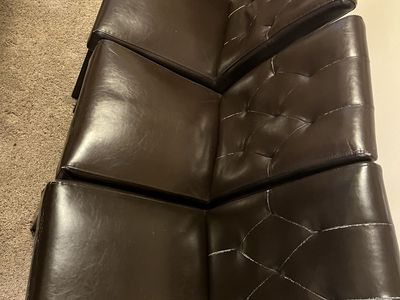 6 Brown Faux Leather Dining Chairs - Button Tufted Backs