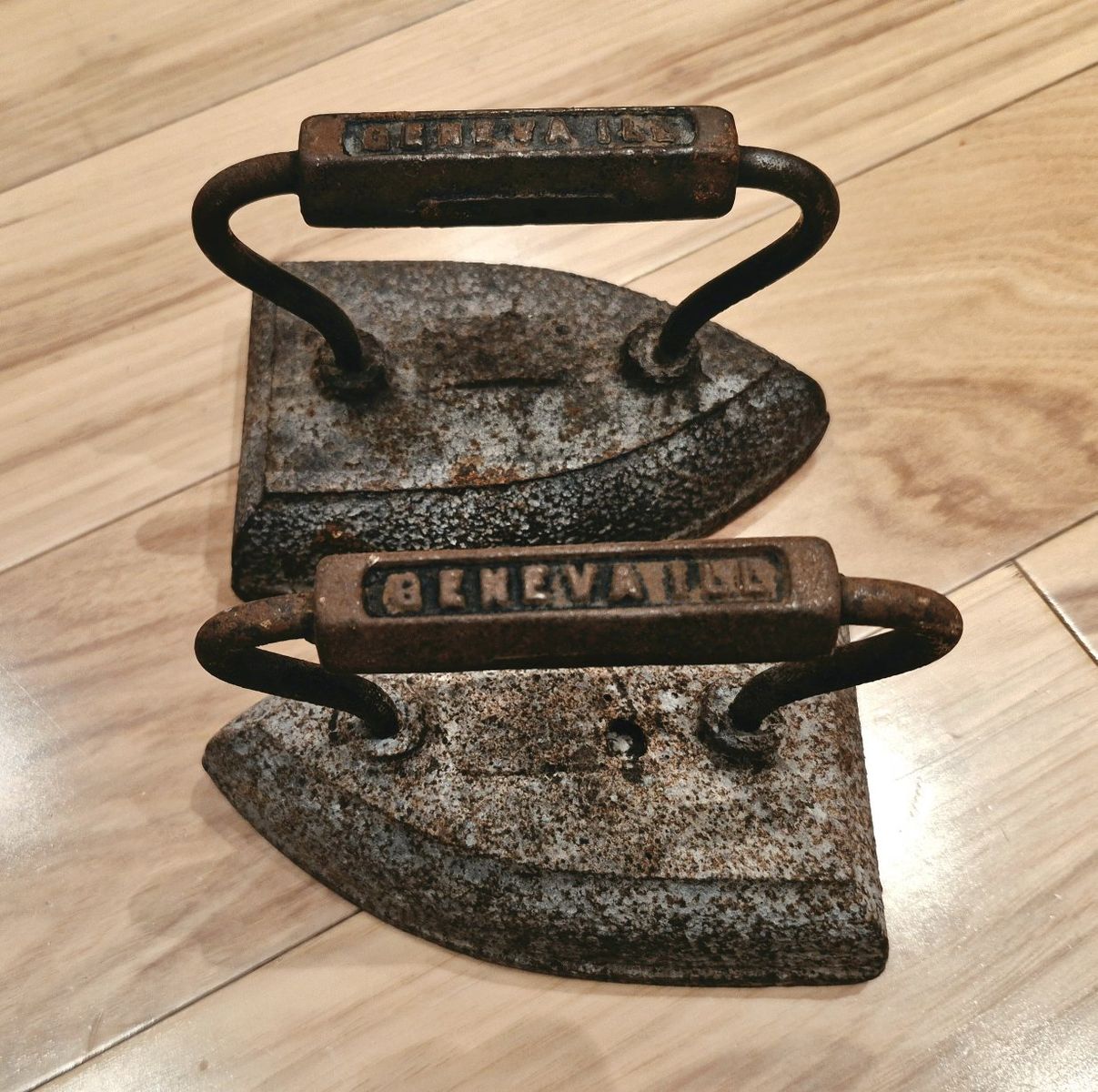 Vintage GENEVA Cast Iron Sad Irons - Set of 2 Antique Collectible Doorstops/Decor