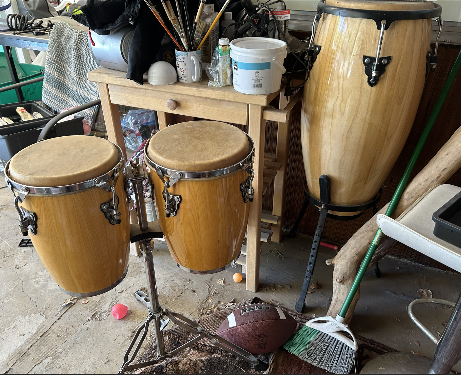 Natural Wood Finish Conga and Bongo Drum Set with Stands