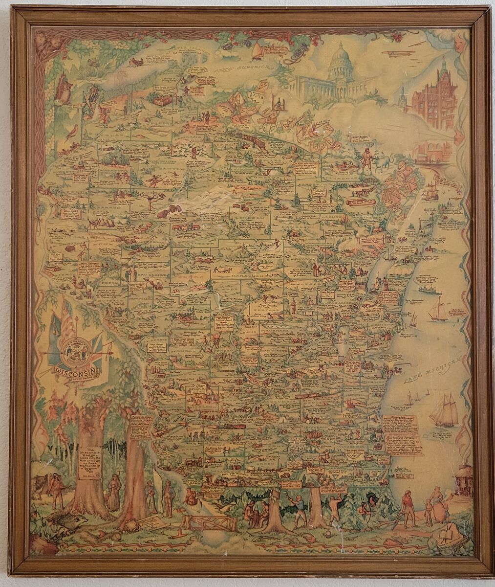Rare 1937 Centennial Color Pictorial Map of Wiscon