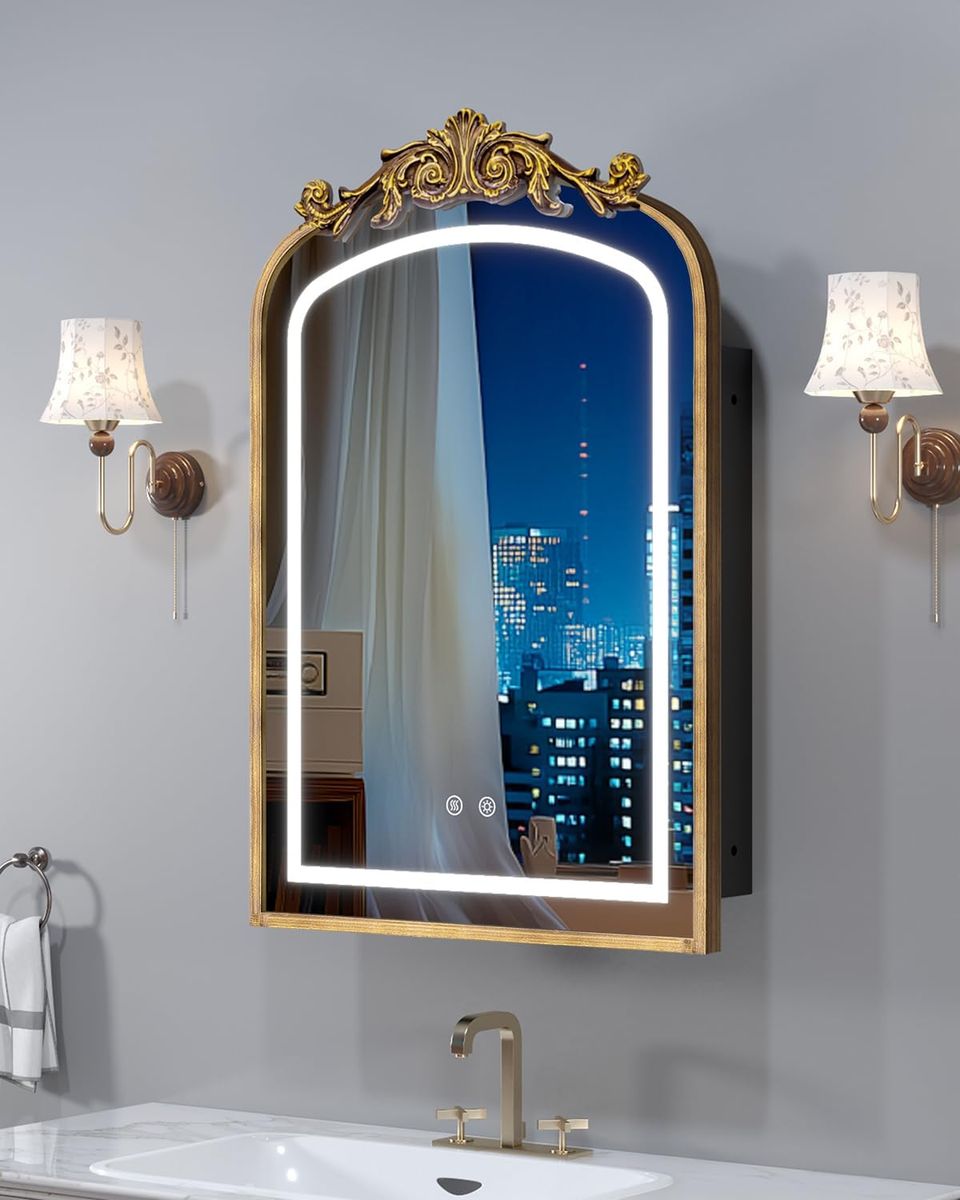 20"x30" LED Bathroom Medicine Cabinet w/ Mirror & Lights, Bronze Hand-Painted Baroque