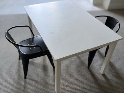 PBK Carolina large play table and 2 Pillowfort metal kids chairs
