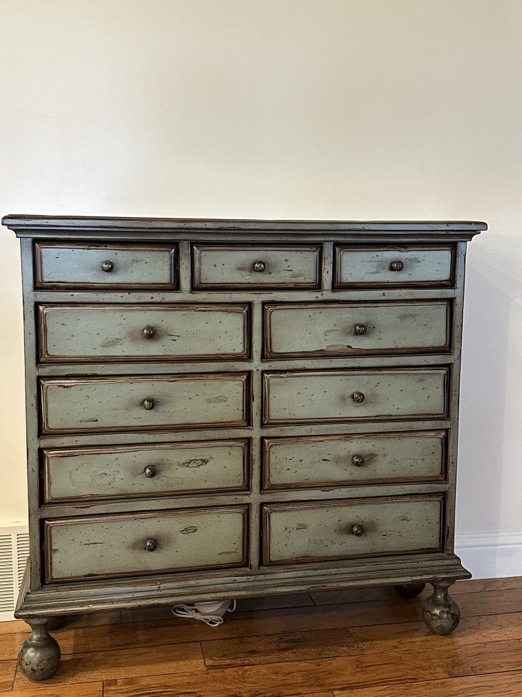 Vintage Style Distressed Blue-Green 11-Drawer Chest with Bronze Knobs & Bun Feet
