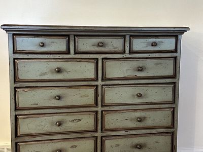 Vintage Style Distressed Blue-Green 11-Drawer Chest with Bronze Knobs & Bun Feet