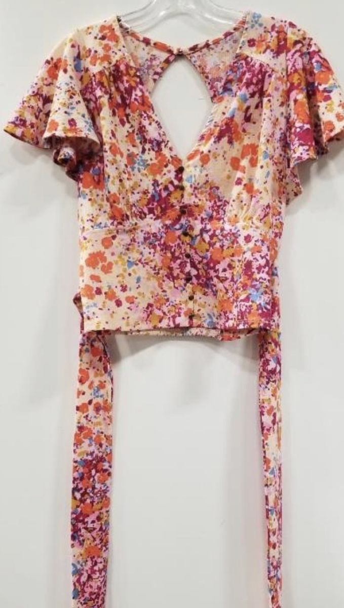 Anthropologie Colorful Floral Tie-Front V-Neck Flutter Sleeve Top
