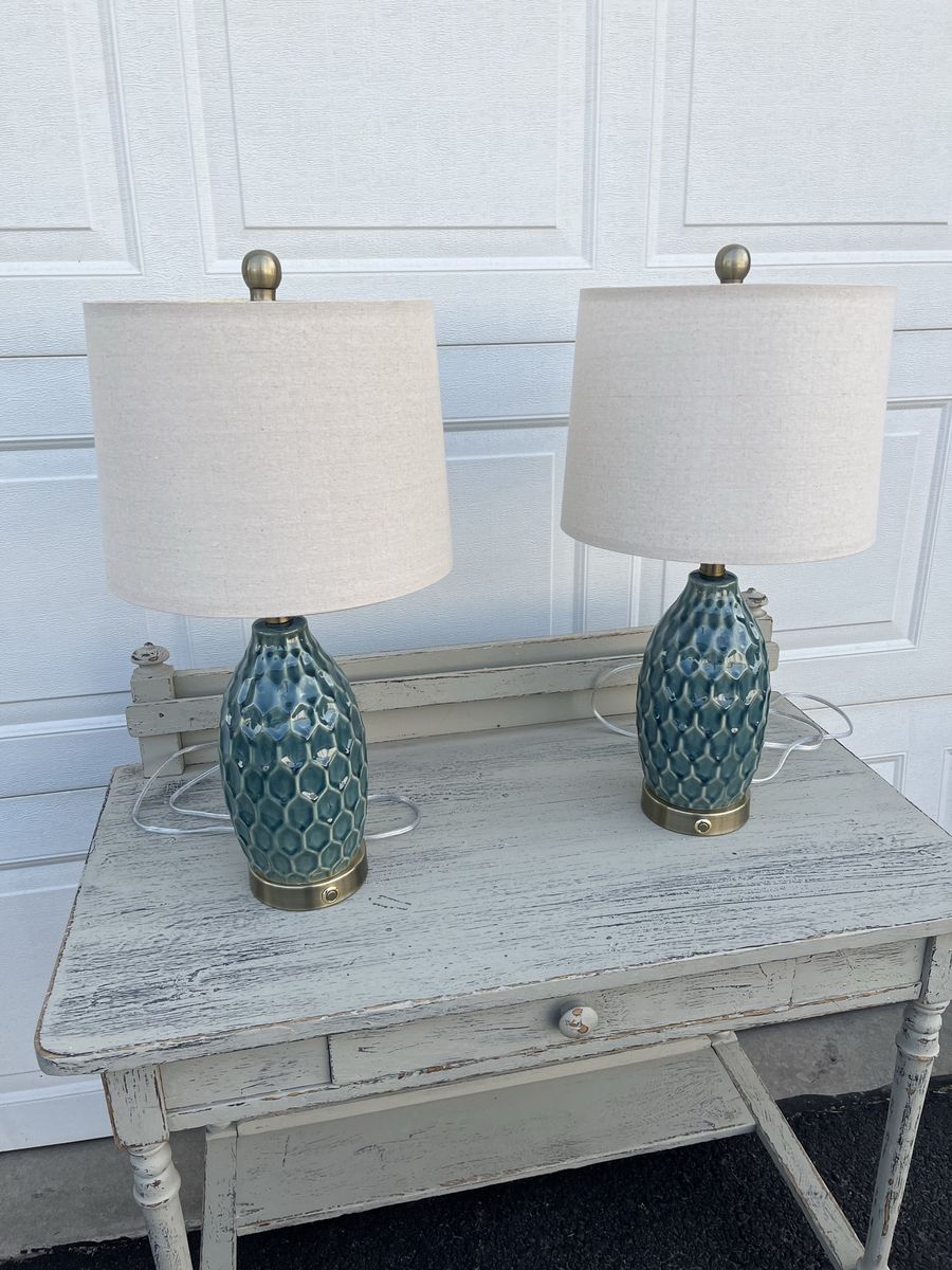 PENDING Pair of Blue Textured Ceramic Table Lamps with Linen Shades and Brass Accents