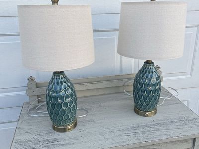 PENDING Pair of Blue Textured Ceramic Table Lamps with Linen Shades and Brass Accents