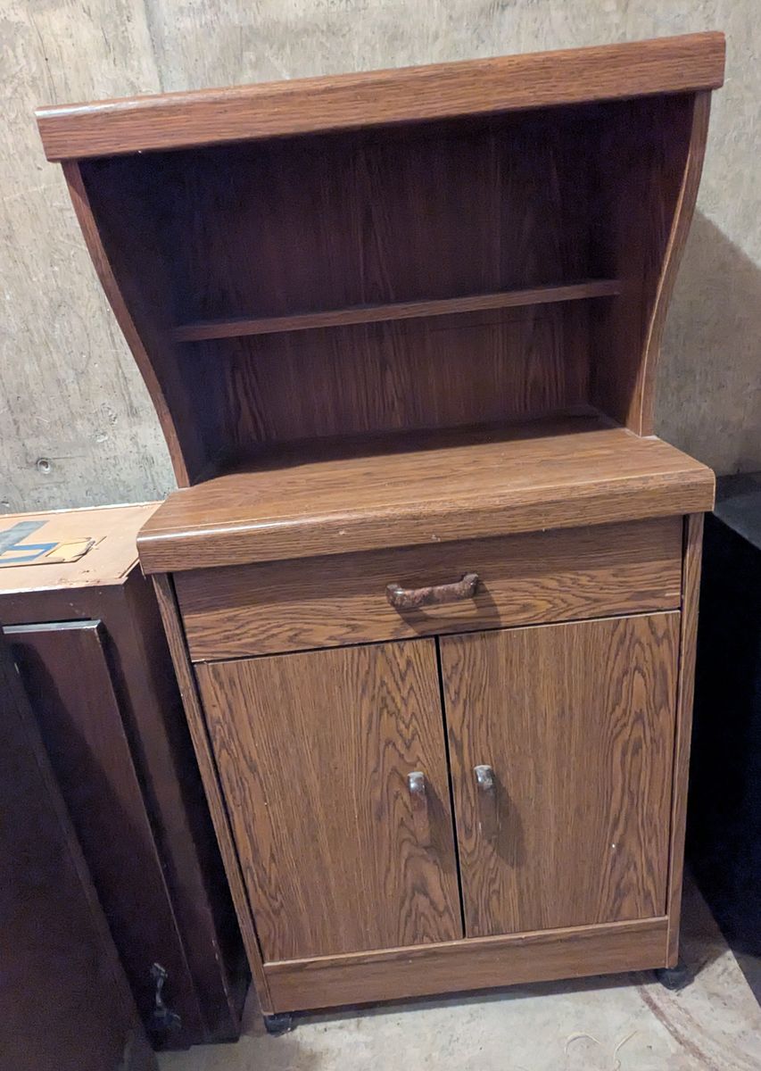 Vintage Oak Rolling Microwave Cart / Kitchen Storage Station