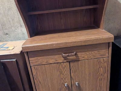 Vintage Oak Rolling Microwave Cart / Kitchen Storage Station