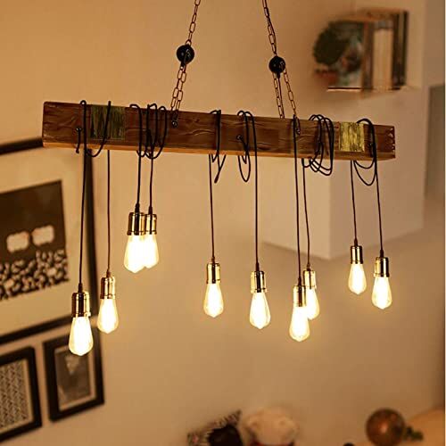 SAZDFY 10 Lights Wooden Pendant Lamp,Retro Farmhouse Hanging Lamp Distressed Rustic