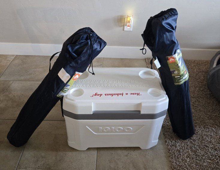 new 54qt Igloo cooler and pair of ca.ping chairs