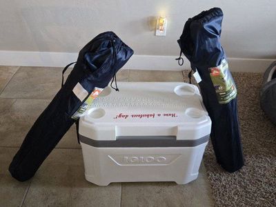 new 54qt Igloo cooler and pair of ca.ping chairs