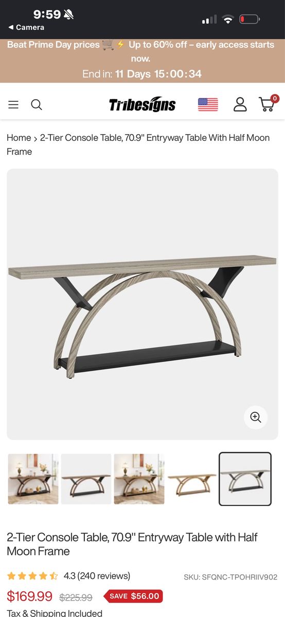 Tribesigns 70.9" 2-Tier Console Entryway Table with Half Moon Frame - Rustic Oak
