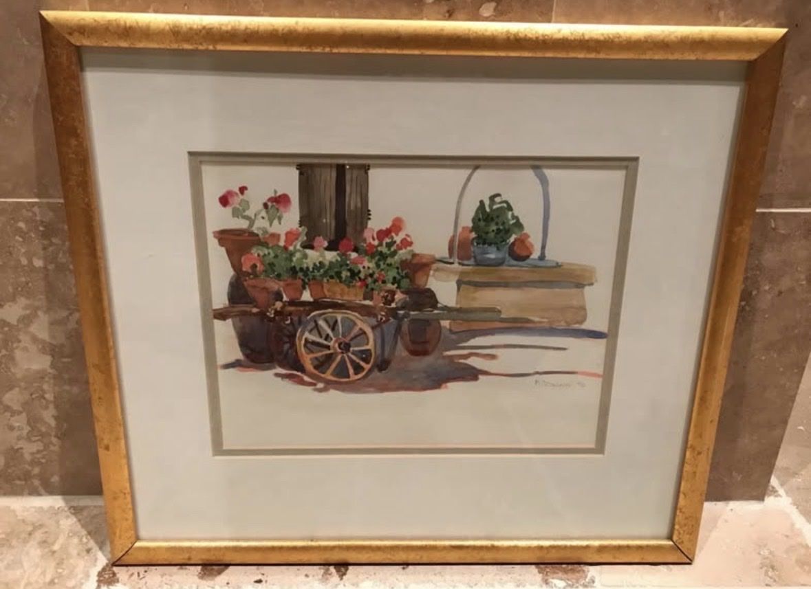 Marian Dunn Watercolor Of A Cart With Flowers