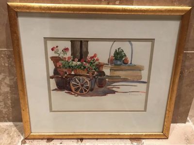 Marian Dunn Watercolor Of A Cart With Flowers