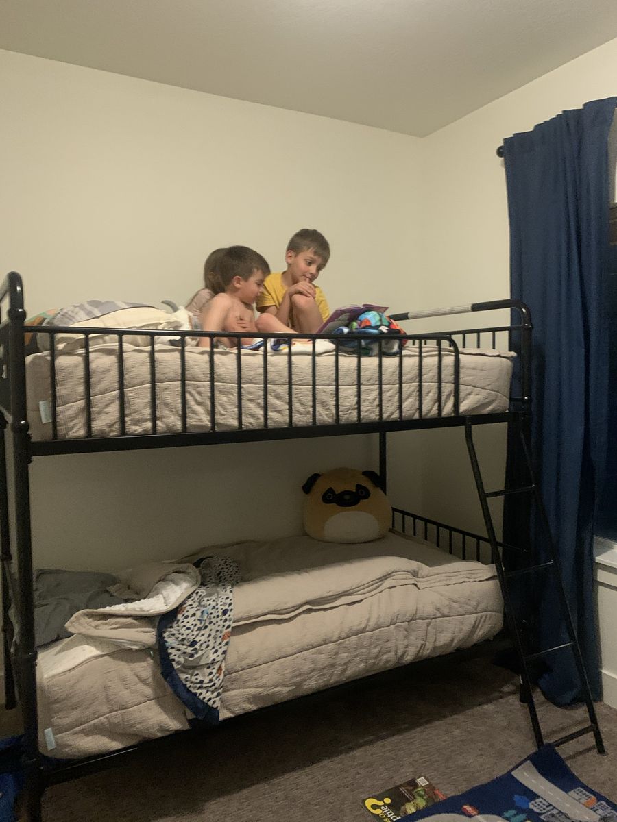Metal Twin Bunk Bed with Ladder & 2 Mattresses - Great Condition, Powder Coated Black