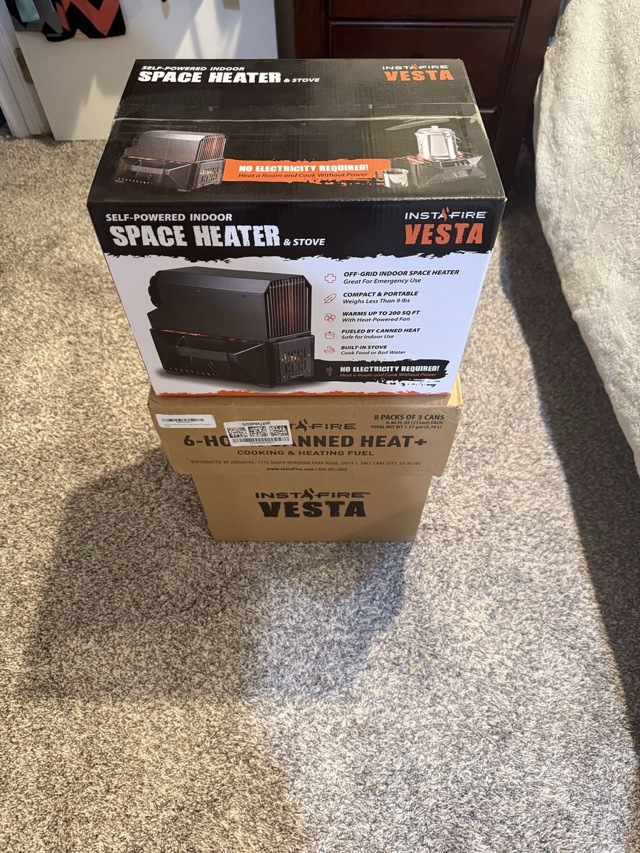 VESTA Self-Powered Indoor Space Heater & Stove PLUS Canned Heat & Cooking Fuel by InstaFire