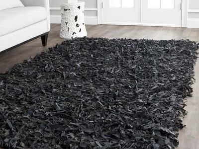 Black Shag Leather Rug Set 8ftx5ft & 2 2ftx3ft
