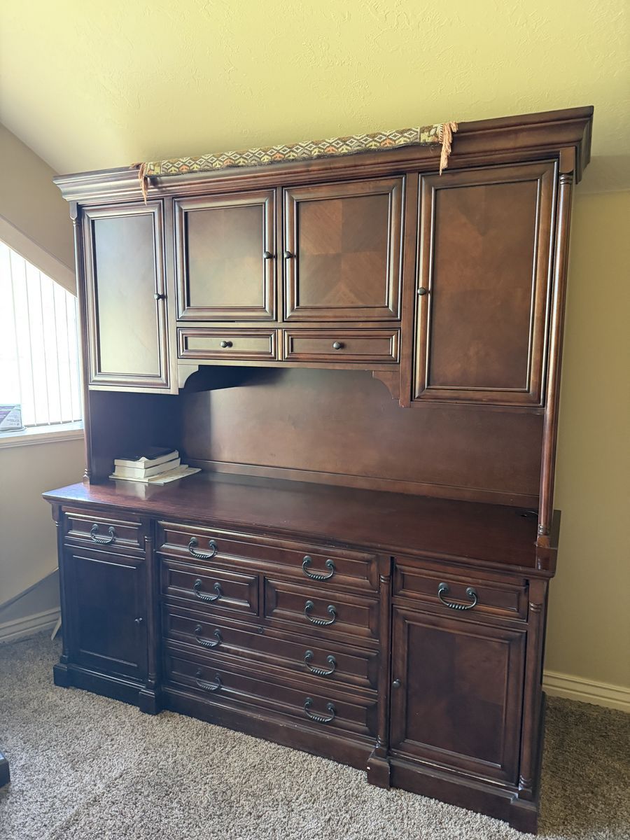 Rosewood Computer Desk with Hutch, Upper Cabinets, Drawers & Built-in Lighting