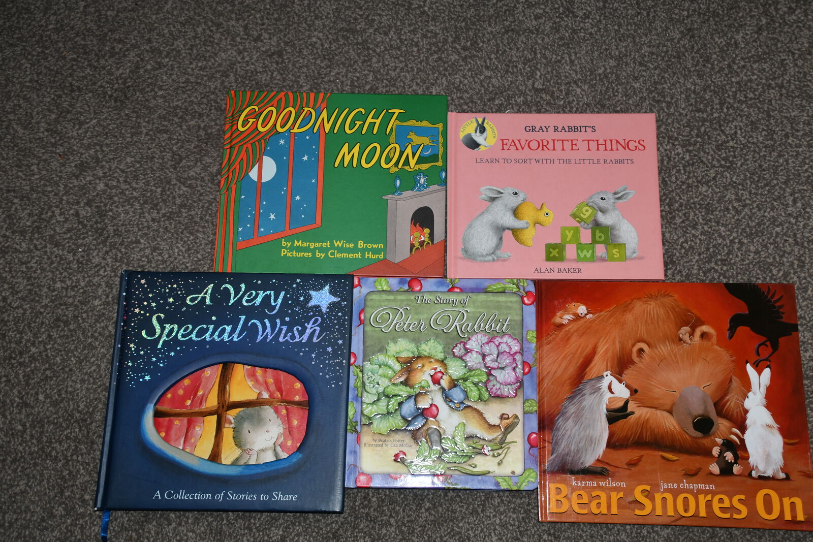 5 CHILDRENS HARDCOVER BOOKS ~ GOODNIGHT MOON, SPECIAL WISH, BEAR SNORES, PETER RABBIT, RABBITS