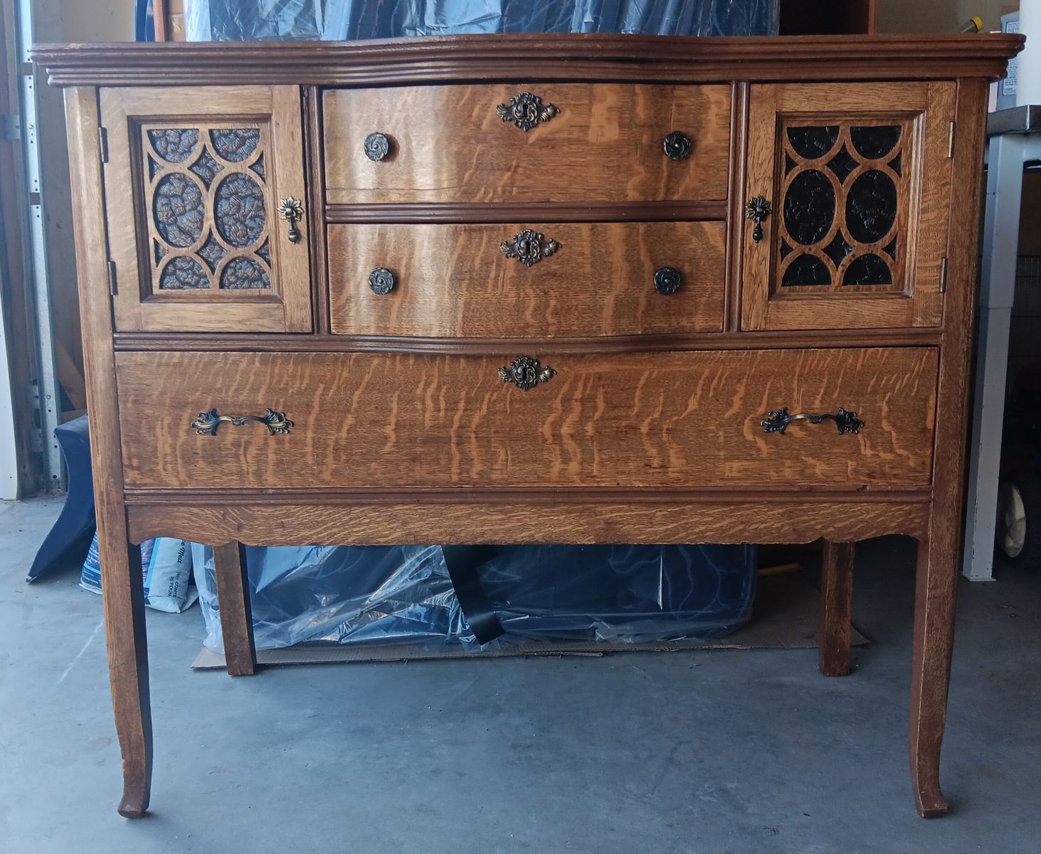 Antique Oak Buffet with Glass Cabinet Doors