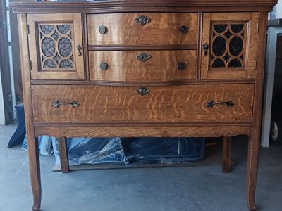 Antique Oak Buffet with Glass Cabinet Doors