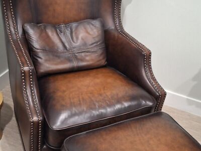 Genuine Leather Highback Armchair and Ottoman