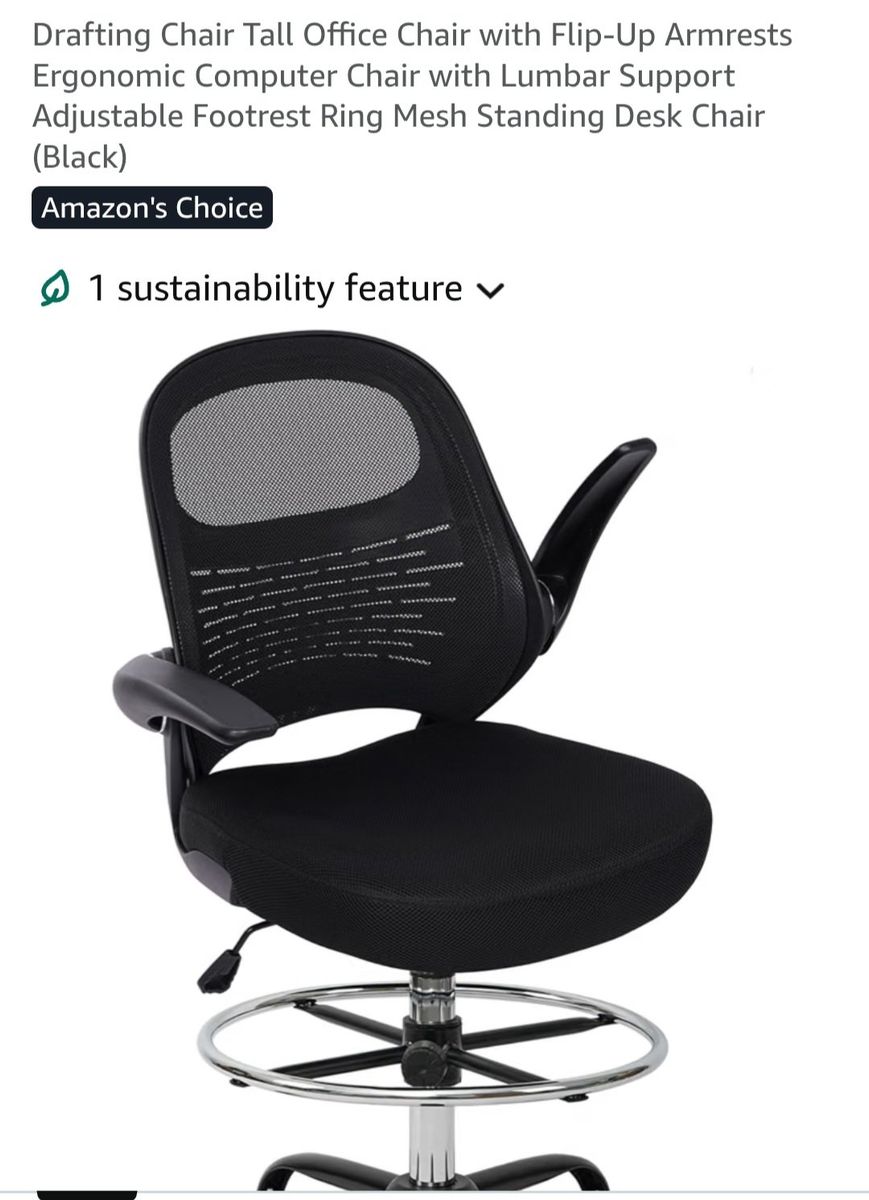 Ergonomic Mesh Drafting Chair w/ Flip-Up Armrests & Lumbar Support, Black Brand New