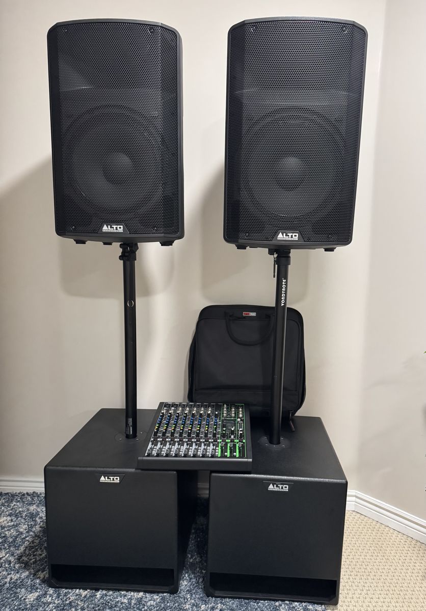 Complete Gig Ready PA System, 12” Alto Powered Tops & Subs + Mackie 12-Ch BLUETOOTH Mixer