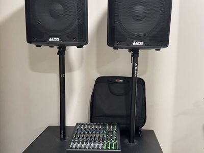 Complete Gig Ready PA System, 12” Alto Powered Tops & Subs + Mackie 12-Ch BLUETOOTH Mixer