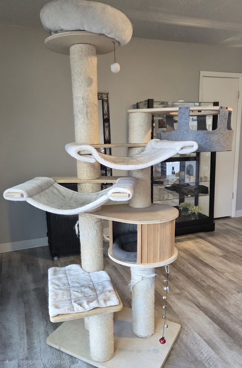 Multi-Level Modern Wooden Cat Tree Tower with Hammocks & Condo