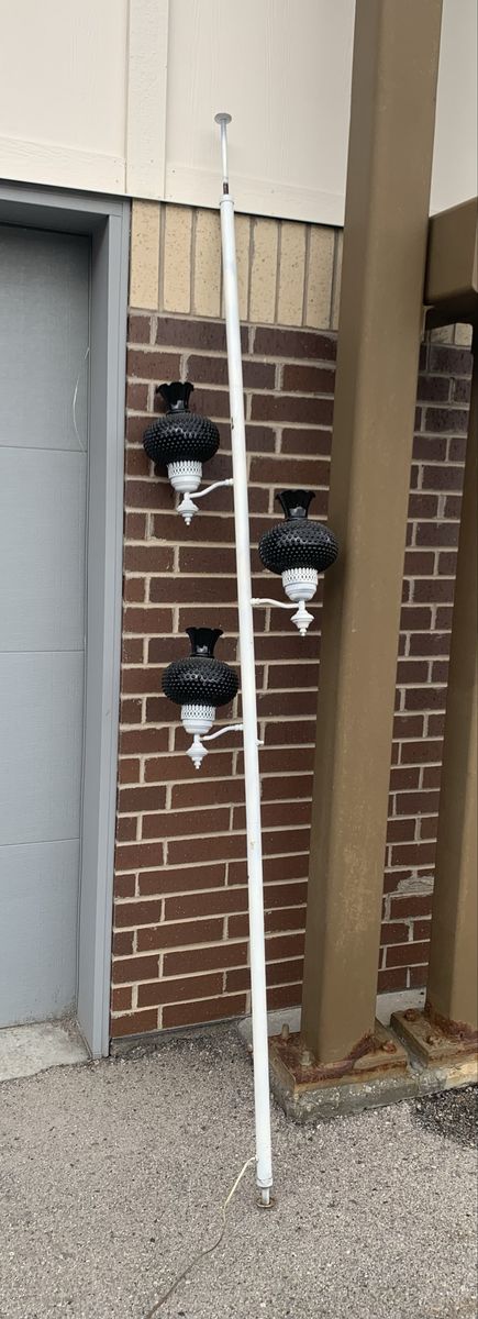 Vintage White tension pole lamp glass hurricane hobnail-style shades.