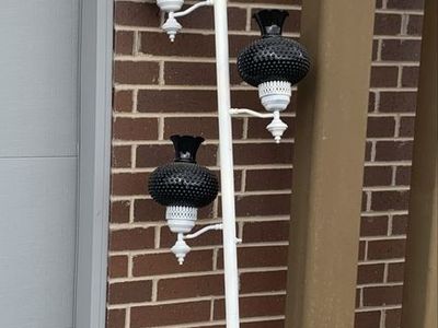 Vintage White tension pole lamp glass hurricane hobnail-style shades.