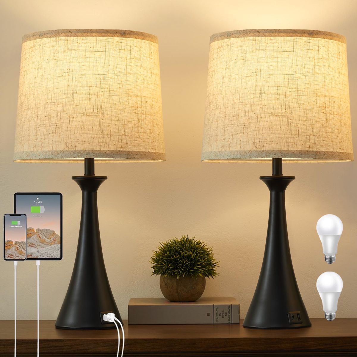 Set of 2 Modern Touch Control Bedside Lamps - USB & Type C Ports - LED Bulbs Included