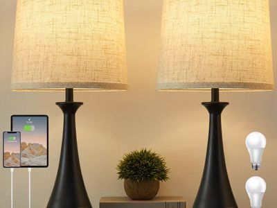 Set of 2 Modern Touch Control Bedside Lamps - USB & Type C Ports - LED Bulbs Included