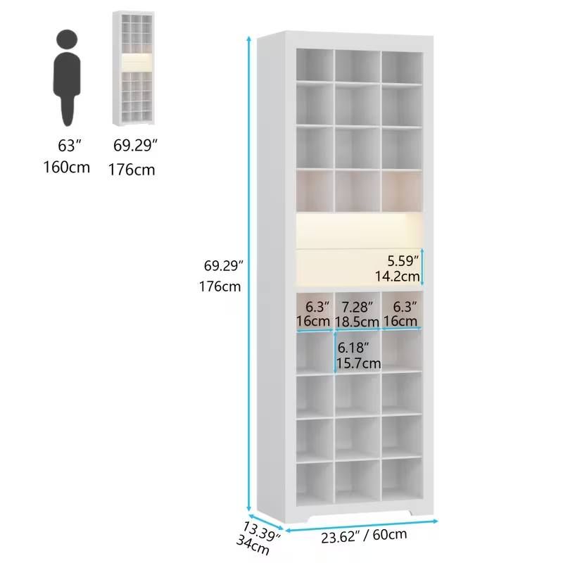 69-Inch Tall White Wooden Shoe Storage Cabinet Featu