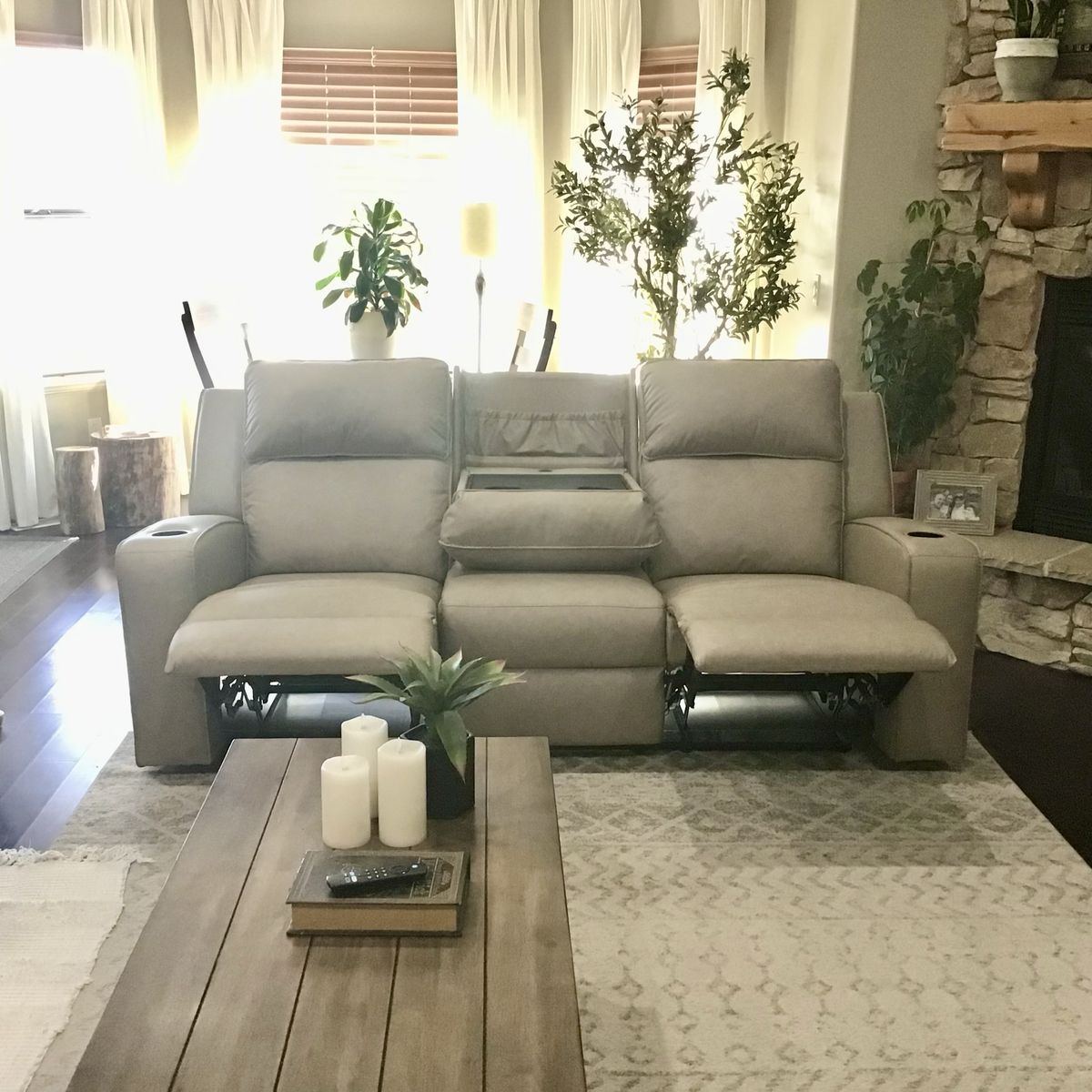 2 sets Tan Reclining Loveseat with Drop-Down Table & Cup Holders - Two Excellent Condition they are 84 inches in length.