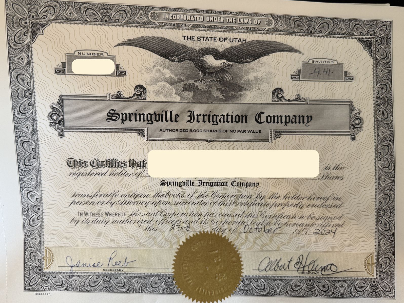 4.41 Springville Irrigation Company Shares for Sale