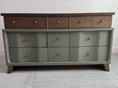 Vintage Solid Wood Dresser – Restored Two‑Tone Finish – 9 Drawers, Brass Pulls - Excellent Condition