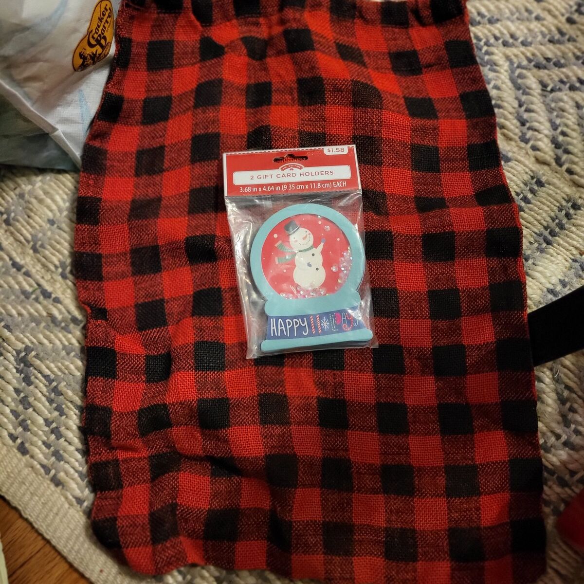 Burlap plaid gift bag and 2 snow globe gift card