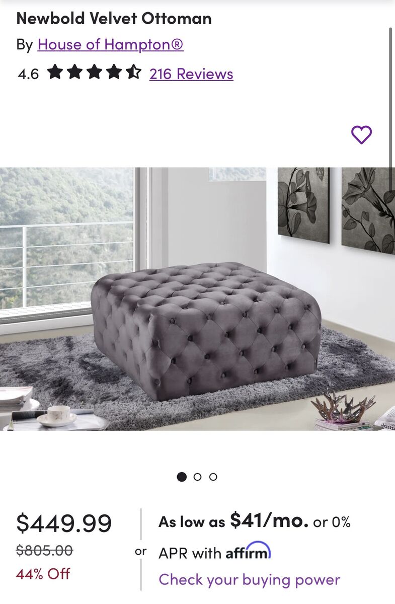 Large Velvet Tufted Square Cocktail Ottoman - Grey