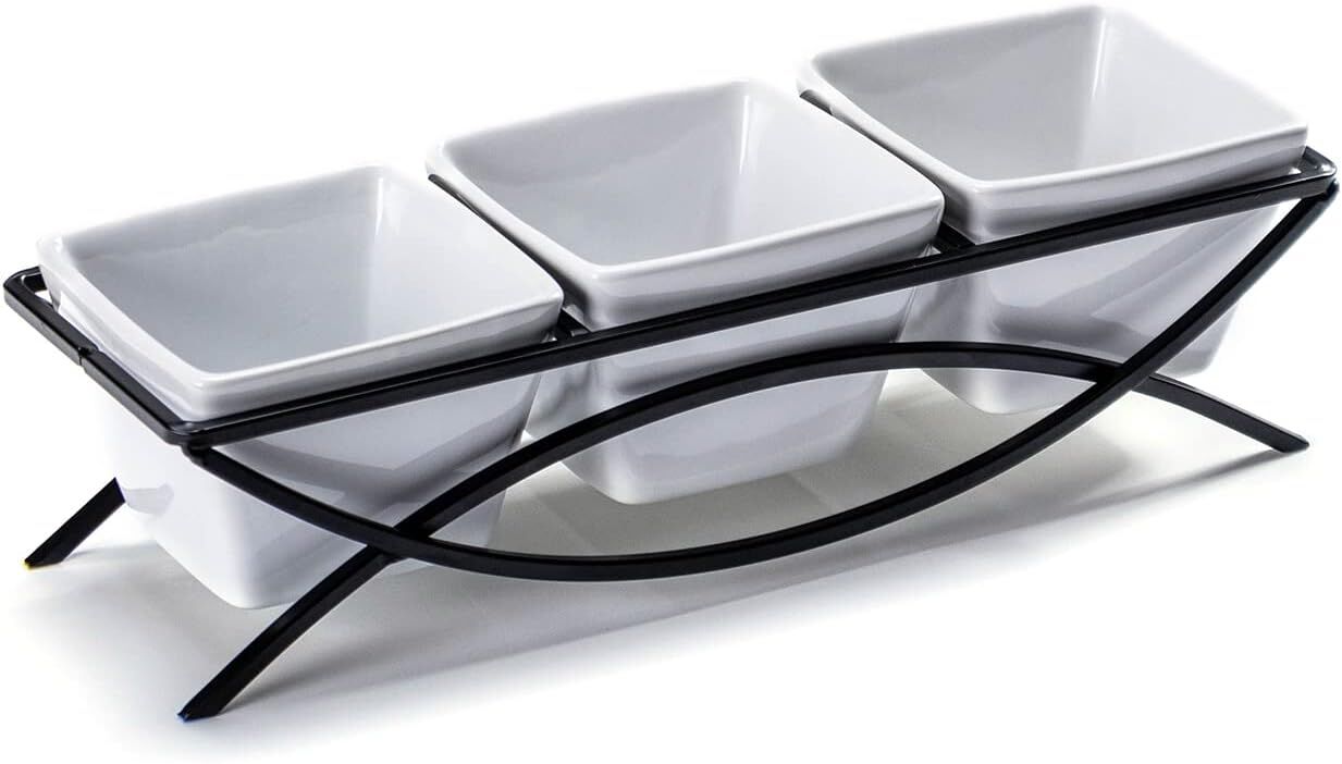 Modern White Square Ramekin Bowls 10 oz, Condiment Serving Tray with Metal Rack Stand